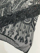 Zig Zag Design Sequins - Black - 4 Way Stretch Embroidered Zig Zag Sequins Lace Fabric By The Yard