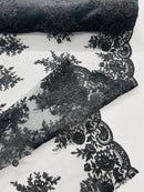 Floral Lace Flower Fabric - Black - Floral Embroidered Fabric with Sequins on Lace By Yard