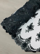 3D Floral Pearl Design - Black - Floral Embroidered Pearls and Sequins Fabric By Yard