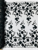3D Floral Pearl Fabric - Black - Embroidered Floral Pearl Fabric Double Border On Mesh By Yard