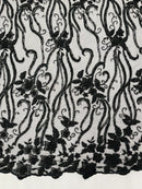 Small Flower Bead Fabric - Black - Beaded Flower Fabric with Curled Lines Design By Yard