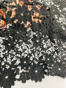 Guipure Lace Design Fabric - Black - Floral Lace Guipure Fabric by Yard