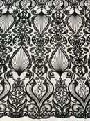 Damask Leaf Bead Fabric - Black - Heavy Beaded Embroidered Sequins Lace Fabric by Yard