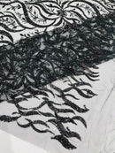 Wavy Leaf / Floral Bead Fabric - Black - Beaded Rhinestone Embroidered on a Mesh By Yard