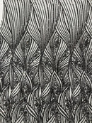 Curvy Line Design Fabric - Black - 4 Way Stretch Sequins Design Mesh Lace Fabric by Yard