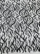 Wavy Leaf / Floral Bead Fabric - Black - Beaded Rhinestone Embroidered on a Mesh By Yard