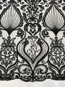 Damask Leaf Bead Fabric - Black - Heavy Beaded Embroidered Sequins Lace Fabric by Yard
