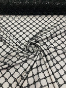 Beaded Diamond Net Fabric - Black - Embroidered Geometric Beaded Sequins Fabric Sold By Yard