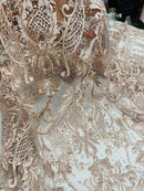 Damask Rhinestone Fabric - Blush - Beaded Embroidery Corded Lace Fabric Sold by Yard