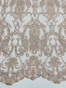 Damask Rhinestone Fabric - Blush - Beaded Embroidery Corded Lace Fabric Sold by Yard