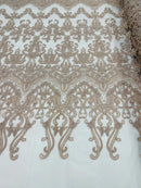 Damask Bead Fabric - Blush - Embroidered Glamorous Fabric with Round Beads Sold By Yard