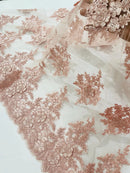 Corded Floral 3D Fabric - Blush - Embroidered Floral Design on Lace Mesh Fabric by Yard