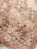 Corded Floral 3D Fabric - Blush - Embroidered Floral Design on Lace Mesh Fabric by Yard