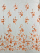 3D Floral Pearl Fabric - Blush Peach - Embroidered Floral Pearl Fabric Single Border On Mesh By Yard