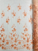 3D Floral Pearl Fabric - Blush Peach - Embroidered Floral Pearl Fabric Single Border On Mesh By Yard