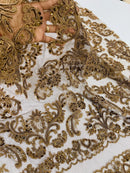 Beaded My Lady Damask Design - Brown - Beaded Fancy Damask Embroidered Fabric By Yard