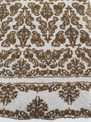 Beaded My Lady Damask Design - Brown - Beaded Fancy Damask Embroidered Fabric By Yard