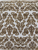 Beaded My Lady Damask Design - Brown - Beaded Fancy Damask Embroidered Fabric By Yard