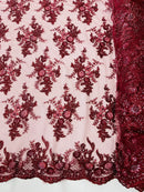 Beaded Flower Sequins Fabric - Burgundy - Embroidered Beaded Floral Clusters Sequins Fabric By Yard