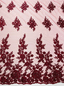 Beaded Rose Flower Fabric - Burgundy - Embroidered Beaded Long Border Floral Fabric By Yard