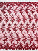 Floral Plant Lace Fabric - Burgundy - Embroidery Flower Small Leaf Design Lace Fabric Sold By Yard