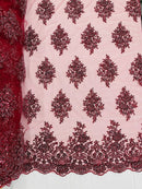 Heavy Beaded Floral Fabric - Burgundy - Luxury Heavy Duty Bead Bridal Floral Cluster Lace Fabric by the yard