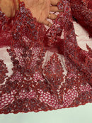 Heavy Bead Floral Fabric - Burgundy - Beaded Flower Design Fabric Fancy Border By Yard