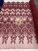 Damask Bead Fabric - Burgundy - Embroidered Glamorous Fabric with Round Beads Sold By Yard