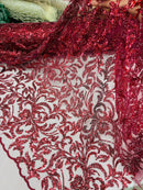 Beaded Flower Leaf Fabric - Burgundy - Shiny Beads and Sequins in Flower Design on Lace by Yard
