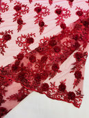 3D Flower Cluster Fabric - Burgundy - 3D Flower Leaf Design Fabric with Pearls Sold By Yard