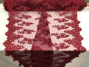 Beaded Floral Fabric - Burgundy - Embroidered Flower Cluster Beaded Fabric Sold By Yard