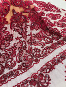Beaded My Lady Damask Design - Burgundy - Beaded Fancy Damask Embroidered Fabric By Yard