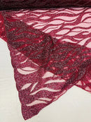 Fire Flames Design Bead Fabric - Burgundy - Beaded Embroidered Fire Pattern Fabric By Yard