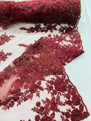 Beaded Rose Flower Fabric - Burgundy - Embroidered Beaded Long Border Floral Fabric By Yard