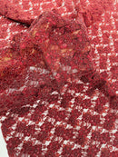 Floral Pearls and Sequins Fabric - Burgundy - Beaded Fabric Embroidered Lace By The Yard