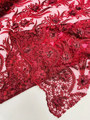 3D Floral Leaf Panels - Burgundy - Embroidered 3D Flower Lines with Pearls on Lace By Yard