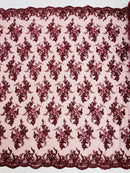 Beaded Flower Sequins Fabric - Burgundy - Embroidered Beaded Floral Clusters Sequins Fabric By Yard