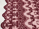 Damask Bead Fabric - Burgundy - Embroidered Glamorous Fabric with Round Beads Sold By Yard
