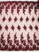 Beaded Rose Flower Fabric - Burgundy - Embroidered Beaded Long Border Floral Fabric By Yard