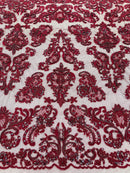 Beaded My Lady Damask Design - Burgundy - Beaded Fancy Damask Embroidered Fabric By Yard