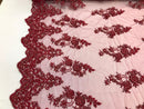 Beaded Floral Fabric - Burgundy - Embroidered Flower Cluster Beaded Fabric Sold By Yard