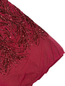 Leaf Design Stretch Sequins - Burgundy - 4 Way Stretch Lace Mesh Sequins Fabric by Yard