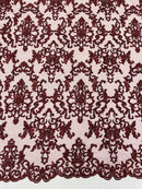 Butterfly Bead Sequins Fabric - Burgundy - Damask Beaded Sequins Lace Fabric by the yard