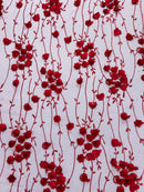 3D Glitter Floral Fabric - Burgundy - 3D Flowers with Sequins and Glitter on Mesh Sold By Yard