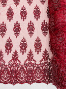 Floral Bead Embroidery Fabric - Burgundy - Damask Floral Bead Bridal Lace Fabric by the yard