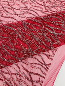 Glitter Wavy Bead Fabric - Burgundy - Sequins, Bead, Glitter Design on Lace Fabric By Yard