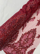 Heavy Bead Floral Fabric - Burgundy - Beaded Flower Design Fabric Fancy Border By Yard