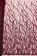 Fire Flames Design Bead Fabric - Burgundy - Beaded Embroidered Fire Pattern Fabric By Yard