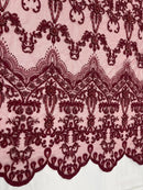 Damask Bead Fabric - Burgundy - Embroidered Glamorous Fabric with Round Beads Sold By Yard