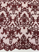 Butterfly Bead Sequins Fabric - Burgundy - Damask Beaded Sequins Lace Fabric by the yard